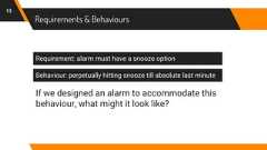 Requirements & Behaviours13Requirement: alarm must have a snooze optionBehaviour: perpetually hitting snooze till absolute last minuteIf we designed an alarm to accommodate thisbehaviour, what might it look like?