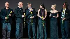 Casting call: Stars of The Yellow Tie on stage including actors John Malkovich, Sean Bean, producer Adela Celebidachi and director Serge Celebidachi