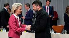 President of the European Commission, Ursula von der Leyen, front left, and Ukraine's President Volodymyr Zelenskyy, front right, in Copenhagen, Denmark, Oct. 2, 2025.