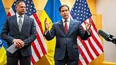 Ukrainian head of presidential administration Andriy Yermak, left, and US Secretary of state Marco Rubio, right, Mission in Geneva, Switzerland, Sunday, Nov. 23, 2025.