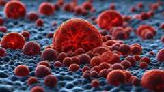 صورة مجهرية مُجسَّمة توضح تكاثر الخلايا السرطانية (باللون الأحمر) وانتشارها وسط نسيج خلوي.