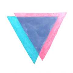 Biangles, 1985The Biangles were possibly the first symbol for bisexual visibility. Within a couple years of its creation by Liz Nania, originally on pins, buttons, and t-shirts, it began to be adopted worldwide. Soon after the creation of the rainbow flag, the three colors of the Biangles became the basis in for the bisexual flag. The colors of the overlapping triangles represent attraction to both, or all, sexes, symbolized by pink and blue, traditionally associated with girls and boys in the US; and lavender represents the queerness of bisexuality, referencing the Lavender Menace in the 1970s and other cultural associations with lavender and queerness in the 1980s and 1990s. The triangle references the pink triangle adopted by LGBTQ+ communities in the 1980s in the US as a form of queer resistance, as it was originally used in Nazi Germany Germany in the 1930s and 40s to identify gay men.