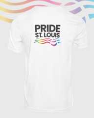 White T-shirt with colorful rainbow stripes and black text that reads 'PRIDE ST. LOUIS' on the back.