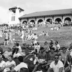 People relaxing on a grassy hillside at a public event, with a large building and tower in the background.