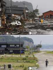 地震と津波で被災した石川県珠洲市宝立町の沿岸部(上、2024年1月12日)。倒壊した家屋のがれきが撤去され、2025年6月20日には空き地が目立っていた(共同)