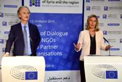 Спецпосланник генерального секретаря ООН по Сирии Гейр Педерсен и верховный представитель Европейского союза по иностранным делам и политике безопасности Европейского Союза Федерика Могерини на третьей международной донорской конференции по Сирии в Брюсселе. Место: Бельгия, Брюссель. Автор: Алексей Витвицкий/РИА Новости. Третья международная донорская конференция по Сирии в Брюсселе