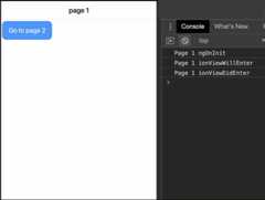 Ionic Lifecycle Animation Animated GIF showing Ionic page life cycle events in a console log as a page transition occurs.