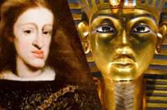 Karel II met zijn Habsburger kin en het masker van Toetanchamon bronnen: Unidentified painter, Public domain, via Wikimedia Commons, en:User:MykReeve, CC BY-SA 3.0 <http://creativecommons.org/licenses/by-sa/3.0/>, via Wikimedia Commons Karel II en Toetanchamon