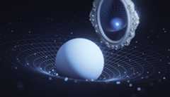 Matter and antimatter Illustration shows a large sphere distorting spacetime, with a smaller sphere reflected in a mirror.