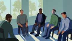 Intimate partner violence prevention Illustration of men sitting in a room in a circle.