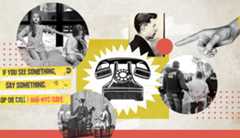 Telling authorities A collage including children tattling, an old-fashioned telephone, an advertisement for a tip line, a pointing finger, police with a detainee, a mugshot and a woman blowing a whistle.