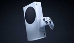 An Xbox Series S hangs in mid-air.