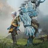 An ice beast and a warden stand back to back.