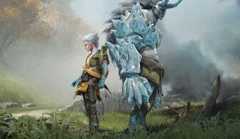 An ice beast and a warden stand back to back.