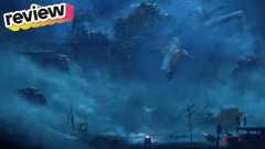 A creature menacingly overlooks a dilapidated town.