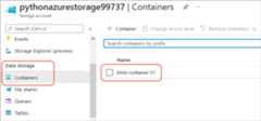 Azure portal page for the storage account showing the blob container