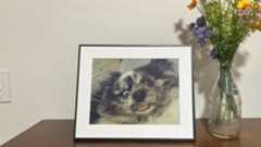 The Aura Ink frame on a shelf showing a picture of a dog