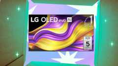 A box being opened with a colorful background displaying an LG 65-inch TVs on a teal and green background.