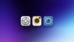 Three iPhone camera app icons against a gradient background.