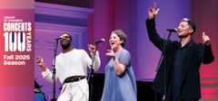 Three people singing on a colorful background. Text on the graphic says Library of Congress Concerts. 100 Years. Fall 2025 Season.