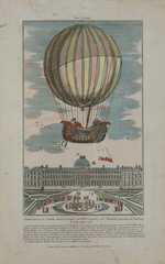 Colored etching shows a balloon with two men in the gondola floating above a garden and palace.