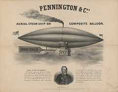 Lithograph shows a large balloon with a house-like structure for passengers. Portrait of the company owner is at the bottom of the page.