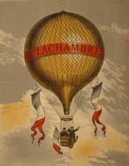 Color lithograph shows a balloon in the air with three French flags, two men in the basket and a banner with the words "H. Lachambre."