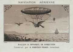 Engraving shows an airship wrapped in netting with a griffin-shaped basket flying over a body of water.
