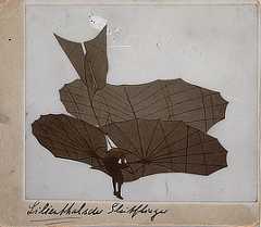 Photo shows man flying glider with several wings and a tail flap above him.