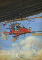 Color drawing shows a couple flying a a futuristic plane that appears to be attached to a larger object.