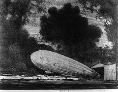 Print shows a dirigible leaving a large hangar