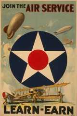 Color poster shows the Air Service insignia, various aircraft including airplanes and dirigibles, and a crew tending to a biplane in the foreground.