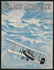 Sheet music cover shows a biplane flying in the blue sky and clouds.