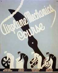 Poster shows an airplane propeller and 4 men at the bottom working with an airplane part.