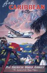 Color poster shows a large seaplane flying over the Caribbean, with parrot, town, and two women in foreground.