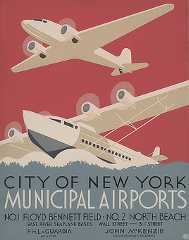 Color poster shows an airplane in the air and a seaplane landing in water.