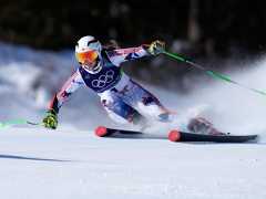 Norway's Thea Louise Stjernesund speeds down the course, during an alpine ski, women's giant slalom race, at the 2026 Winter Olympics, in Cortina d'Ampezzo, Italy, Sunday, Feb. 15, 2026. (AP Photo/Robert F. Bukaty)- 2026 Winter Olympic Games;Winter Olympic games;Olympic games;Sports;Events;XXV Olympiad;Olympics 2026;Milan Cortina Olympics;Winter Olympics 2026;Milan Cortina Winter Olympics;2026 Milan Cortina Olympic Games;Olympics;Winter Games