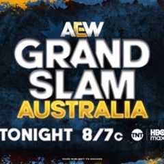 A promotional graphic for 'AEW Grand Slam Australia,' featuring bold text in white, yellow, and blue against a dark background with splashes of red and blue. It announces the event taking place tonight at 8/7c on TNT and HBO Max.