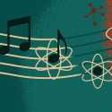 Illustration of sheet music transitioning into atoms