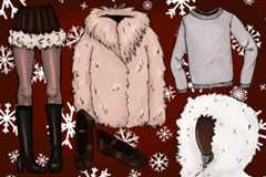 An illustration of various winter clothing items. Depicted in front of a snowy background is a fur coat, a gray sweater, brown ballet flats, a mannequin head with a furry hood and a pair of legs in a miniskirt wearing knee-high boots.