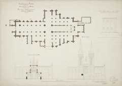 Plan, coupe transversale, élévation de face. Partie de l'élévation latérale nord indiquant la balustrade de la plateforme extérieure et les arcs