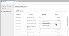 A context menu opened over a keybinding in the Keyboard Shortcuts setting panel within the Settings widget