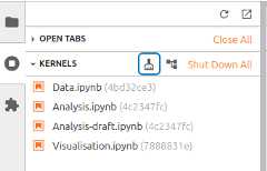 List view of the kernels in the sidebar, with the clear Shut Down Unused kernels button focused
