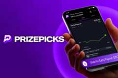 PrizePicks announces new early exit feature. A hand holds a smartphone displaying the PrizePicks app with an Early Payout screen showing a rising payout graph. The background is purple with the PrizePicks logo and text on the left side.