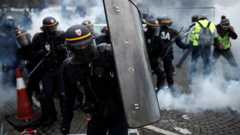 Protesters wearing yellow vests clash with riot police on the Champs-Elysées in Paris, 24 November, 2018.