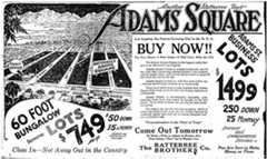 An advertisement shows a bird’s-eye drawing of large land tracts in Los Angeles, with the city spread out in the distance. The text contains information about the potential real estate opportunity, as well as large-print slogans, entreating potential customers to “BUY NOW!!! Come Out Tomorrow.” Other language assures customers that “You Are Sure to Make Money on These” and that the land is “Close In—Not Away Out in the Country.”