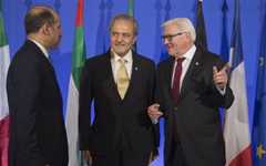 Syrian National Coalition Chief Ahmad al-Jarba, left, Saudi Foreign Minister Prince Saud al-Faisal, center, and German Foreign Minister Frank-Walter Steinmeier, talk prior to a press conference at the foreign ministry in Paris,  Jan. 12, 2014  (photo credit: AP/Michel Euler) Syrian National Coalition Chief Ahmad al-Jarba, left, Saudi Foreign Minister Prince Saud al-Faisal, center, and German Foreign Minister Frank-Walter Steinmeier, talk prior to a press conference at the foreign ministry in Paris,  Jan. 12, 2014  (photo credit: AP/Michel Euler)