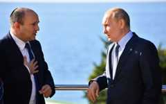 Russian President Vladimir Putin (right) and Prime Minister Naftali Bennett speak during their meeting in Sochi, Russia, on October 22, 2021. (Evgeny Biyatov, Sputnik, Kremlin Pool Photo via AP/ File) Russian President Vladimir Putin (right) and Prime Minister Naftali Bennett speak during their meeting in Sochi, Russia, on October 22, 2021. (Evgeny Biyatov, Sputnik, Kremlin Pool Photo via AP/ File)