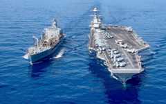 USS Gerald R. Ford aircraft carrier refuels from the underway replenishment oiler USNS Laramie in the eastern Mediterranean Sea, October 11, 2023. (US Navy photo via AP) USS Gerald R. Ford aircraft carrier refuels from the underway replenishment oiler USNS Laramie in the eastern Mediterranean Sea, October 11, 2023. (US Navy photo via AP)