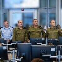 L-R: Planning Directorate chief Vice Adm. Eyal Harel, IAF chief Maj. Gen. Tomer Bar, Operations Directorate chief Maj. Gen. Oded Basiuk, IDF Chief of Staff Lt. Gen. Eyal Zamir, Intelligence Directorate chief Maj. Gen. Shlomi Binder, and Operations Division chief Brig. Gen. Yisrael Shomer, at the IDF's underground command center, early June 22, 2025. (Israel Defense Forces) L-R: Planning Directorate chief Vice Adm. Eyal Harel, IAF chief Maj. Gen. Tomer Bar, Operations Directorate chief Maj. Gen. Oded Basiuk, IDF Chief of Staff Lt. Gen. Eyal Zamir, Intelligence Directorate chief Maj. Gen. Shlomi Binder, and Operations Division chief Brig. Gen. Yisrael Shomer, at the IDF's underground command center, early June 22, 2025. (Israel Defense Forces)